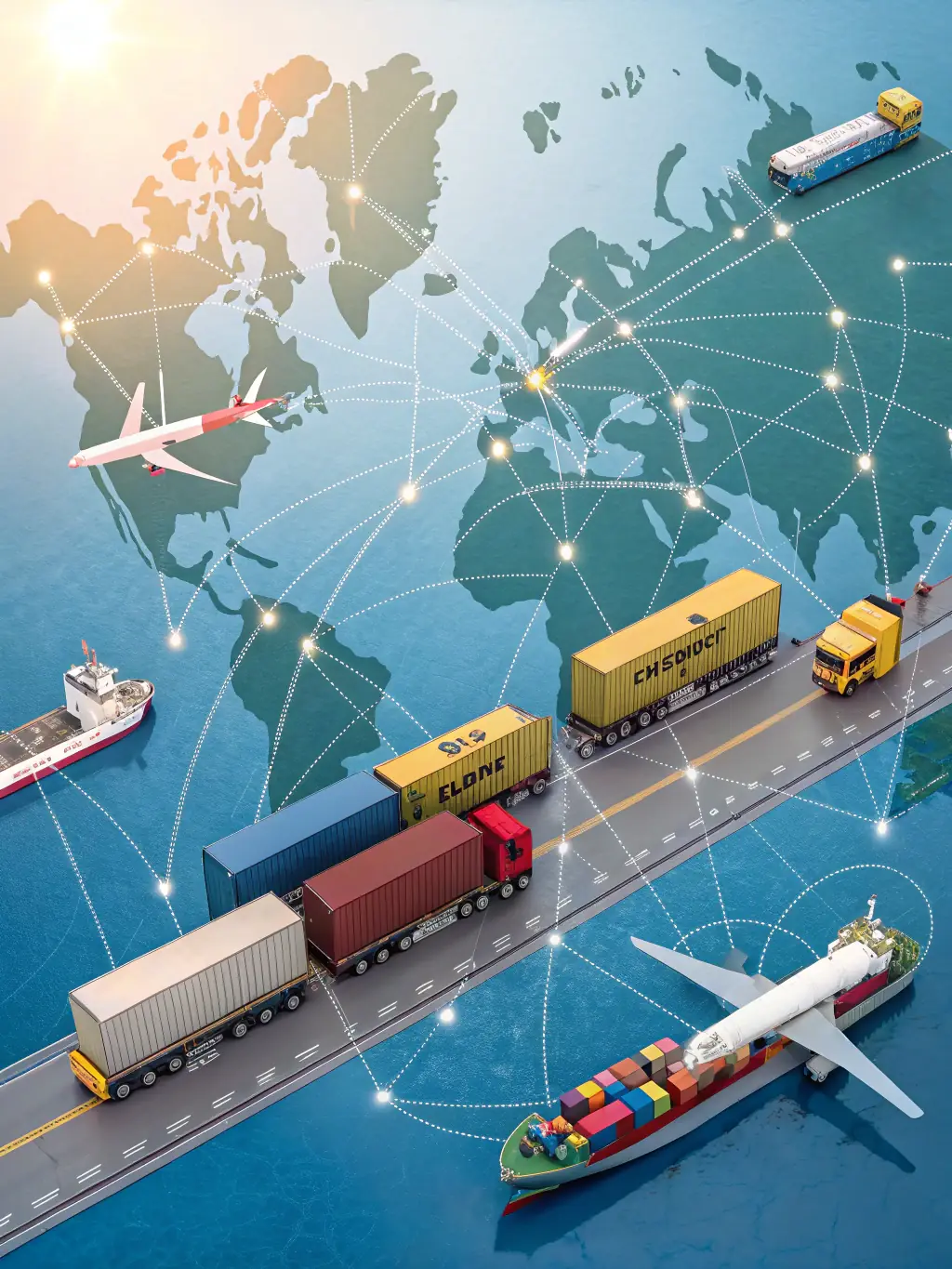 A graphic illustrating a seamless supply chain with vehicles moving efficiently across borders, symbolizing Johaka's reliable service.