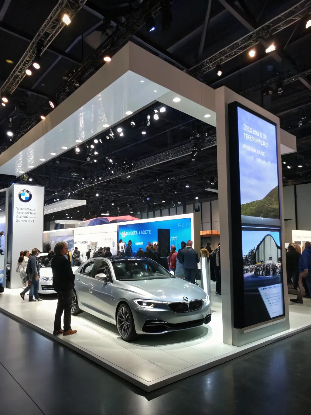 A vibrant display at an automotive trade show, featuring promotional materials and attracting potential clients.